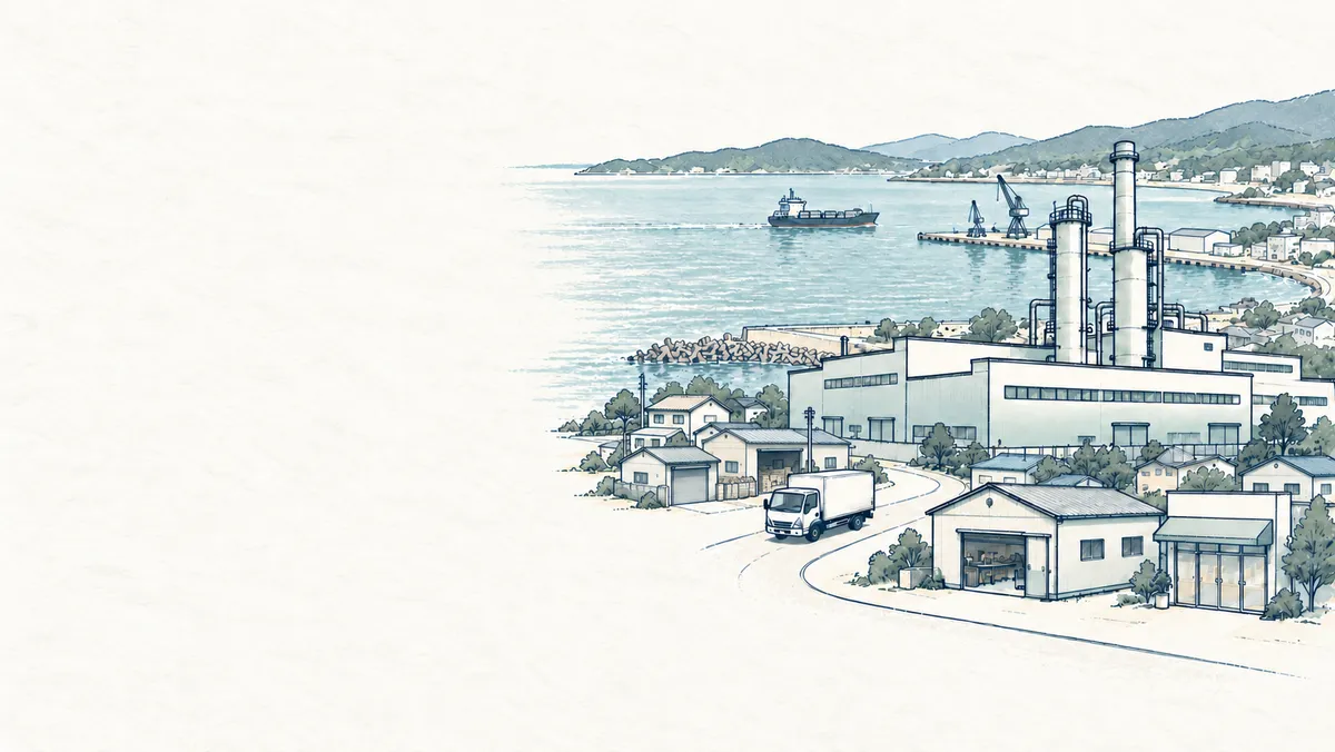 海沿いに建つ大きな工場と、その手前に並ぶ小さな工場・倉庫・住宅。港には船とクレーンが見える