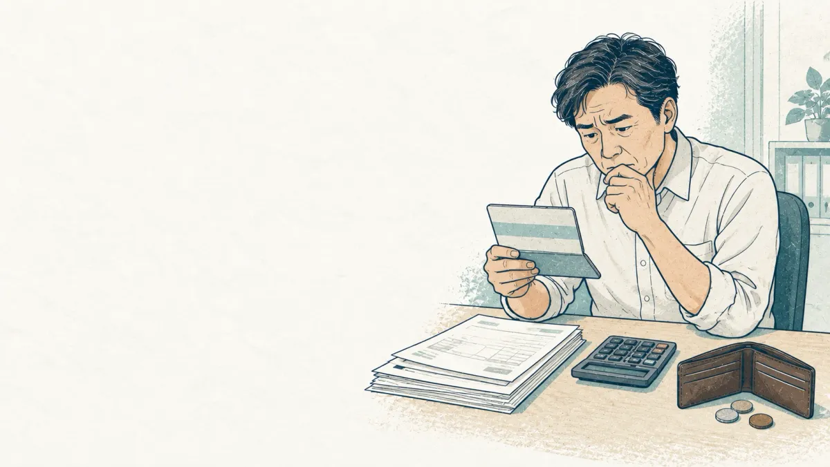請求書と通帳を並べ、手元の少ないお金を確認している経営者のイラスト