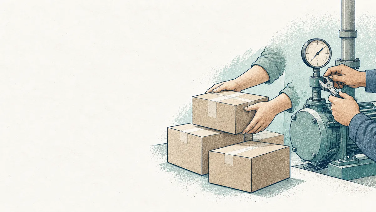 右側で商品を箱に詰める手と設備の計器を点検する手を描いたイラスト