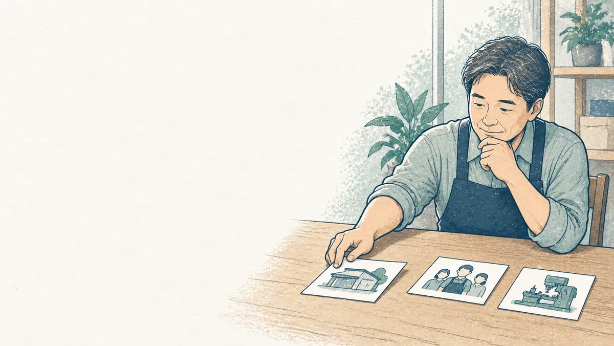 経営者が事業の仕事、人、設備を表す三枚のカードを机に並べ始めるイラスト