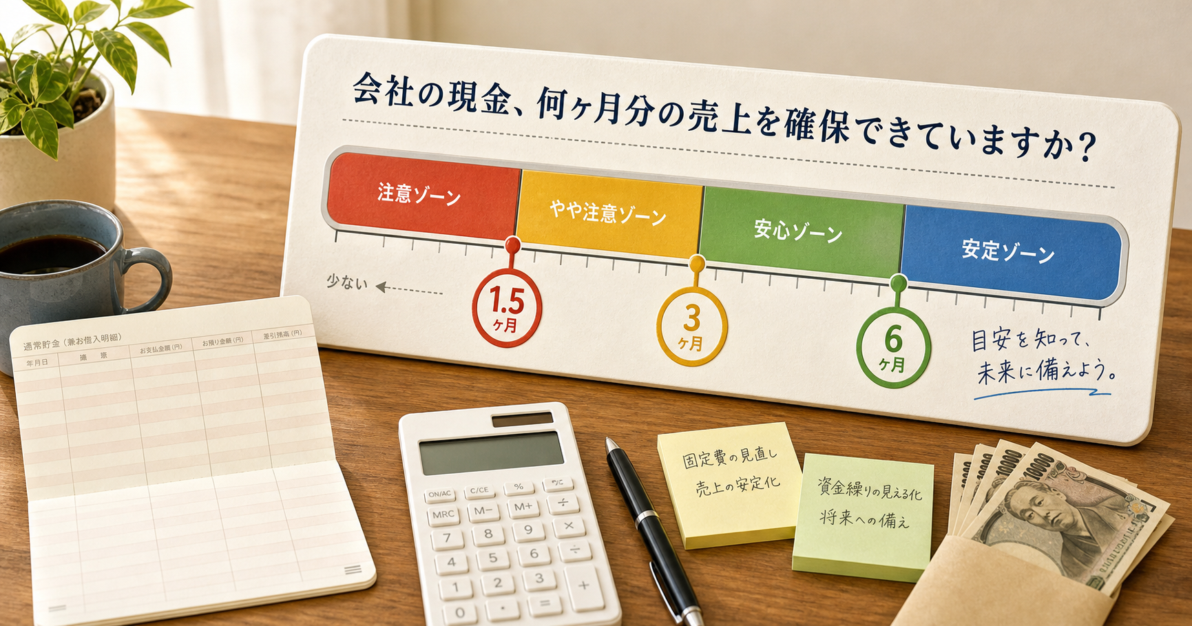 通帳と電卓、月商1.5ヶ月・3ヶ月・6ヶ月の現預金メーター